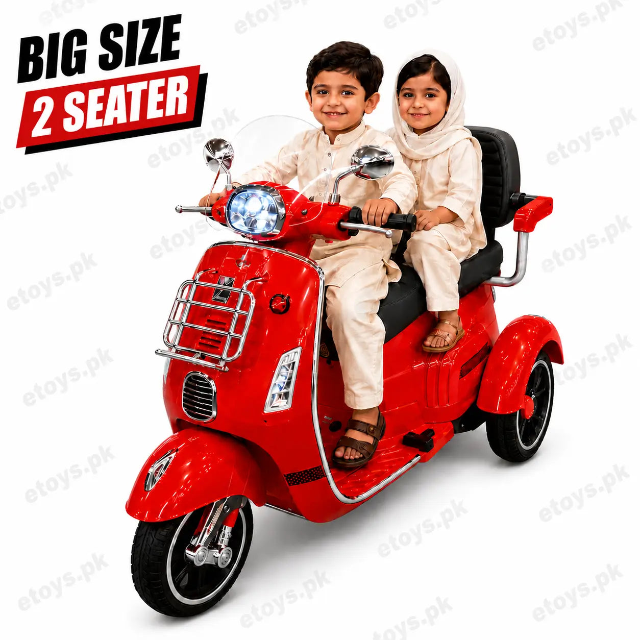 Vespa 2 seater kids electric scooter red front view